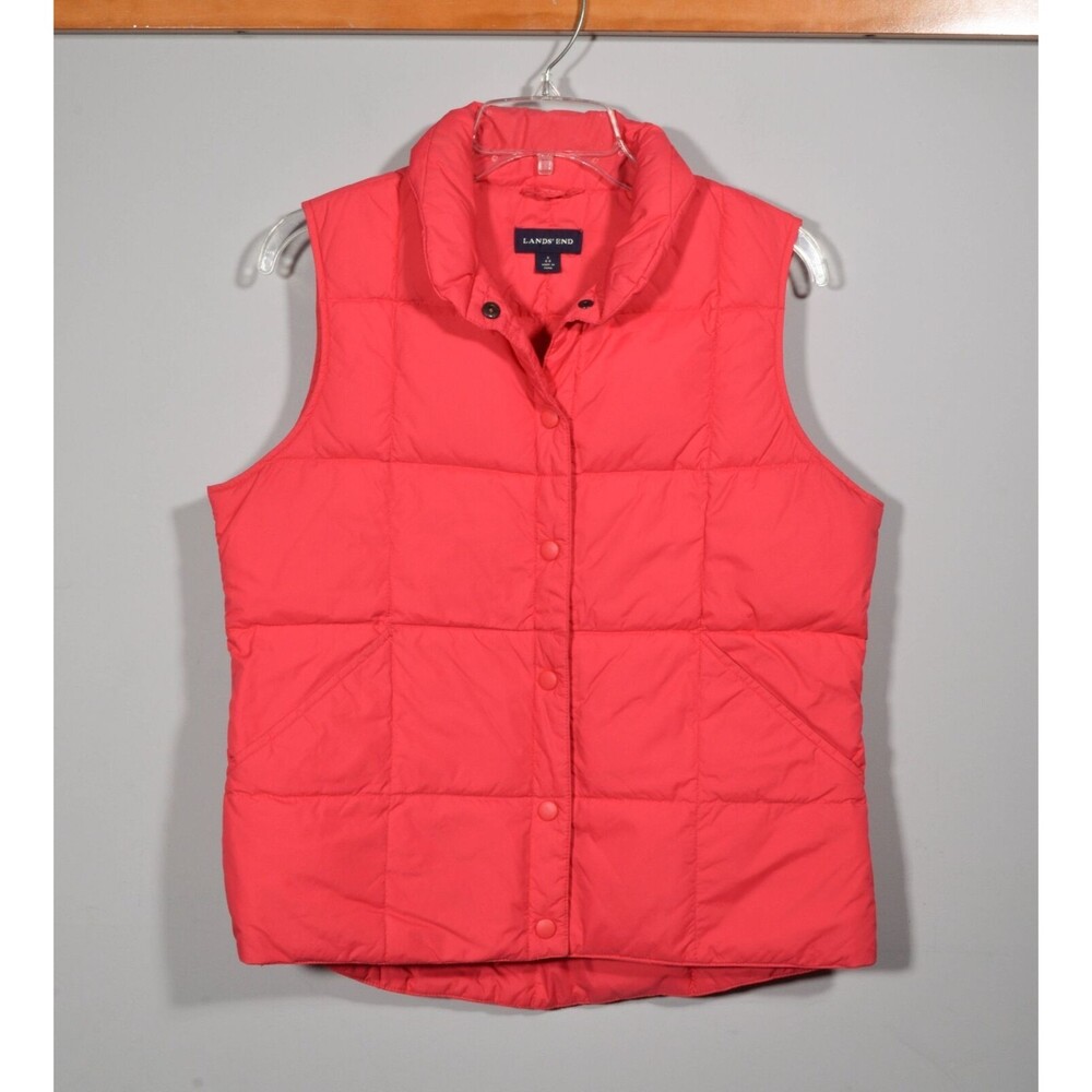 Lands' End Red Quilted Goose Down Snap Front Puffer Vest Sz S